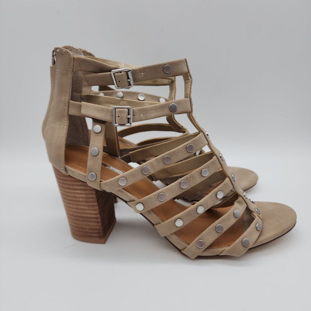 Bcbgeneration Womens Strappy Heeled Sandals Size 9.5M Tan Block Caged Studded